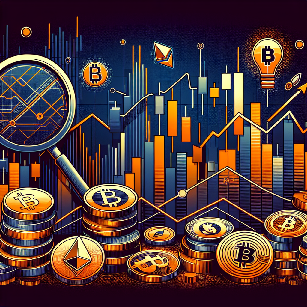 **SEO Alt-Text:** Modern digital illustration showing a volatile cryptocurrency market, sized 1200x628 pixels, using Orange (#FF9811), Dark Blue (#000D43), and Midnight Blue (#021B88) brand colors. Image features dynamic candlestick and line charts with sharp fluctuations, overlaid on stylized Bitcoin, Ethereum, and Solana coins. Institutional elements like ETF documents and macroeconomic icons—rising interest rate arrows and a dollar sign—appear in the backdrop. Subtle cues of risk aversion include a magnifying glass over crypto assets and thoughtfully observing traders, reflecting market caution and shifting sentiment. Bold, professional composition aligns with cohesive brand identity.