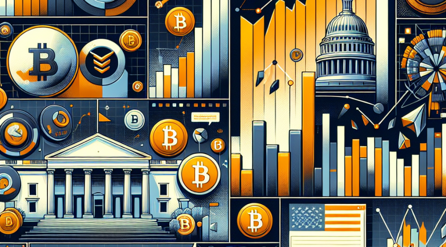 **SEO Alt Text:** "Dynamic crypto market recap image featuring stylized Bitcoin and altcoin icons in the foreground with financial charts illustrating rising and falling trends. Gold bars and traditional stock market symbols like S&P 500 and Nasdaq appear on the left, while digital blockchain and DeFi elements—such as dApps, token icons, and a subtle South Korean flag—enhance the right side. Background includes the US Capitol silhouette and news headline motifs, all integrated with brand colors: orange (#FF9811), dark blue (#000D43), and midnight blue (#021B88), creating a sleek, modern, and professional crypto news graphic."
