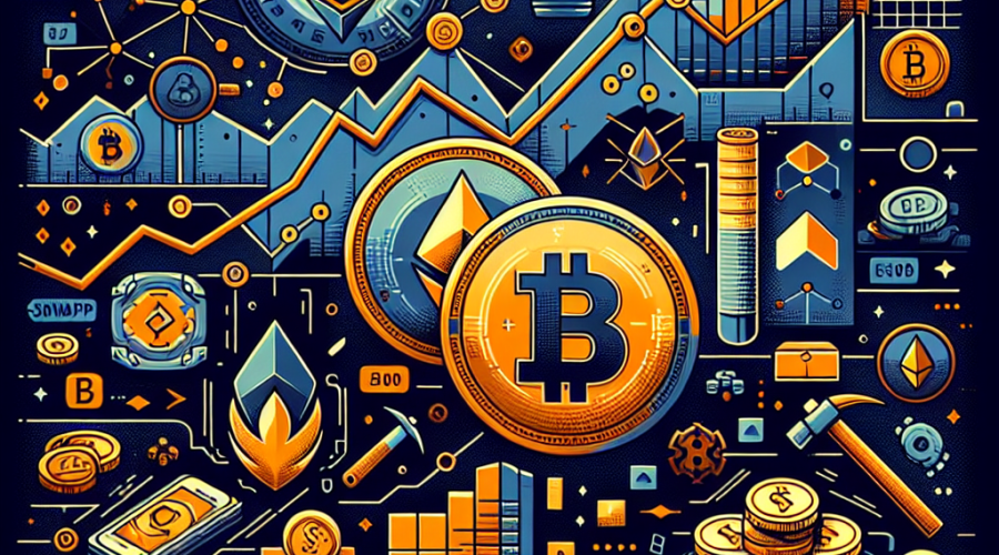 **SEO Alt-Text:** Digital illustration (1200x628px) visualizing the dynamic cryptocurrency landscape, featuring stylized Bitcoin and Ethereum coins, an upward-trending market chart, burning tokens, merging coins symbolizing Uniswap’s fee switch and tokenomics innovation, playful grids, game-like icons, a mining pickaxe, and glowing blocks referencing Ore’s gamified Solana protocol. Artwork uses brand colors Orange #FF9811, Dark Blue #000D43, and Midnight Blue #021B88 for a modern, energetic fintech blog feature image.