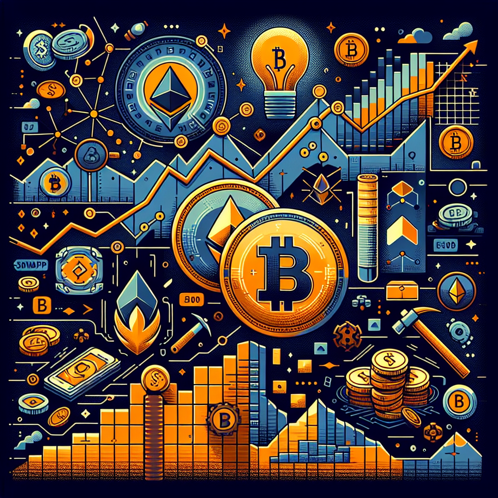 **SEO Alt-Text:** Digital illustration (1200x628px) visualizing the dynamic cryptocurrency landscape, featuring stylized Bitcoin and Ethereum coins, an upward-trending market chart, burning tokens, merging coins symbolizing Uniswap’s fee switch and tokenomics innovation, playful grids, game-like icons, a mining pickaxe, and glowing blocks referencing Ore’s gamified Solana protocol. Artwork uses brand colors Orange #FF9811, Dark Blue #000D43, and Midnight Blue #021B88 for a modern, energetic fintech blog feature image.
