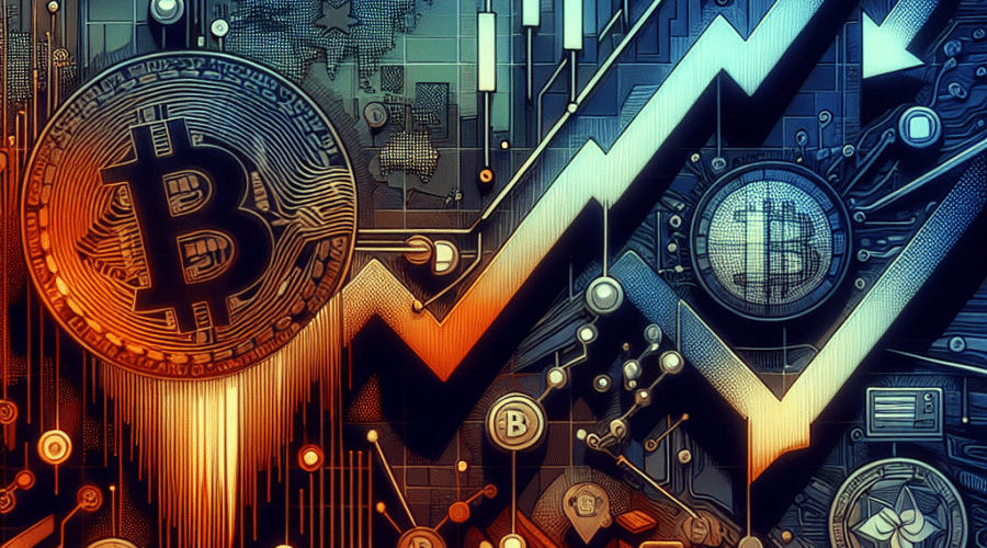 SEO Alt-text: Illustration for finance blog article depicting a turbulent global financial market week, with Bitcoin and cryptocurrency symbols sharply declining on a digital graph, bold downward arrows, macroeconomic icons such as interest rates and Federal Reserve notes, ETF inflow turning to outflow, and subtle visuals of hackers and blockchain nodes indicating controversy and technological vulnerabilities. Image uses brand colors orange #FF9811, dark blue #000D43, and midnight blue #021B88 for a modern, dramatic finance sector theme, sized 1200x628 pixels.