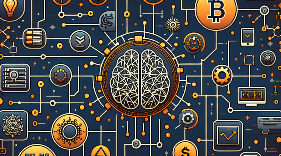 **SEO alt-text:** Modern digital illustration showing interconnected cryptocurrency logos (Bitcoin and Ethereum), an abstract AI brain symbol, and decentralized network nodes, all linked within a glowing circuitry grid. Subtle chart lines and arrows hint at market volatility and sector rotation. The image uses brand colors orange (#FF9811), dark blue (#000D43), and midnight blue (#021B88), conveying optimism, technology innovation, risk, and macro uncertainty in a professional, cohesive style. Sized 1200x628 pixels.