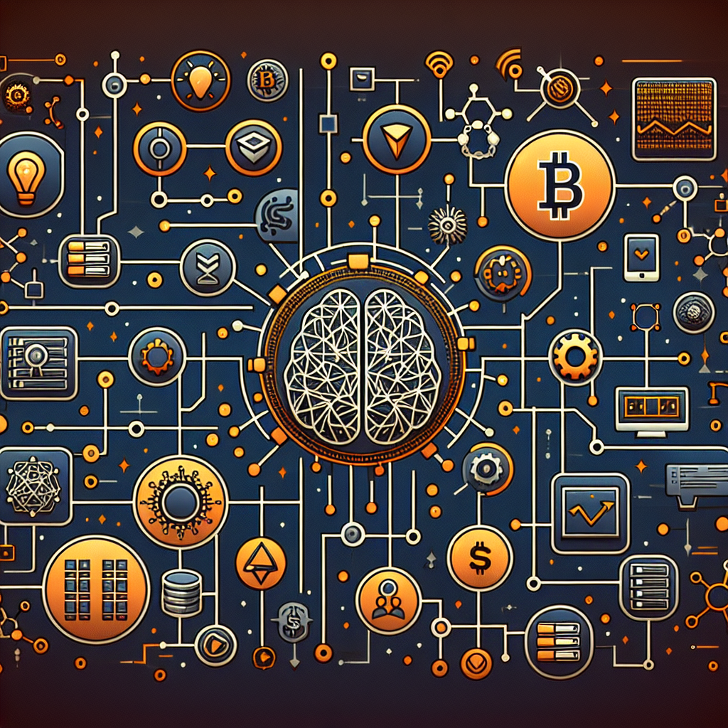 **SEO alt-text:** Modern digital illustration showing interconnected cryptocurrency logos (Bitcoin and Ethereum), an abstract AI brain symbol, and decentralized network nodes, all linked within a glowing circuitry grid. Subtle chart lines and arrows hint at market volatility and sector rotation. The image uses brand colors orange (#FF9811), dark blue (#000D43), and midnight blue (#021B88), conveying optimism, technology innovation, risk, and macro uncertainty in a professional, cohesive style. Sized 1200x628 pixels.