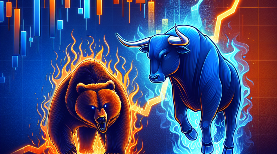 "Bear and bull symbolizing market dynamics in cryptocurrency, bear with fearful orange aura representing market fear, bull in hopeful dark blue tones indicating possible positive market shift, line graph symbolizing cryptocurrency value trends overlaid, in an image titled 'Crypto Sentiment' in bold white font."