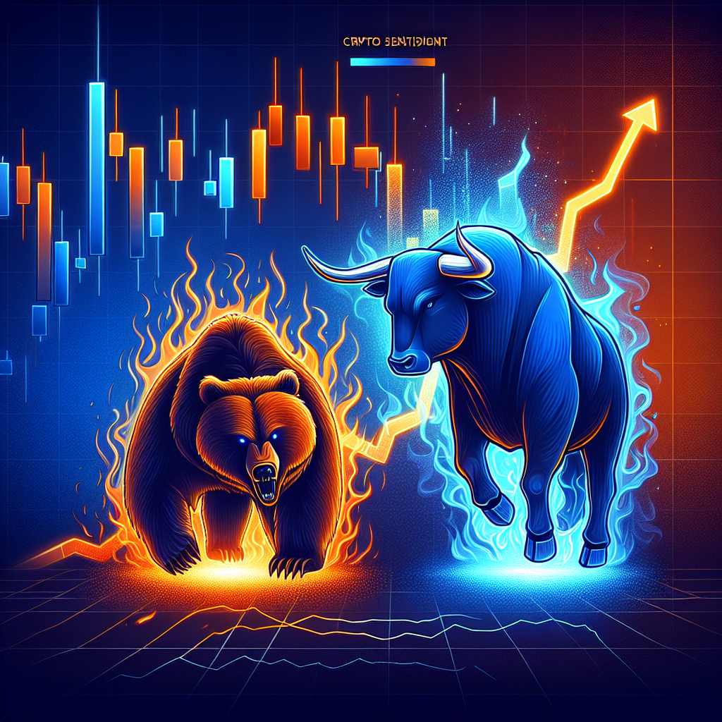 "Bear and bull symbolizing market dynamics in cryptocurrency, bear with fearful orange aura representing market fear, bull in hopeful dark blue tones indicating possible positive market shift, line graph symbolizing cryptocurrency value trends overlaid, in an image titled 'Crypto Sentiment' in bold white font."