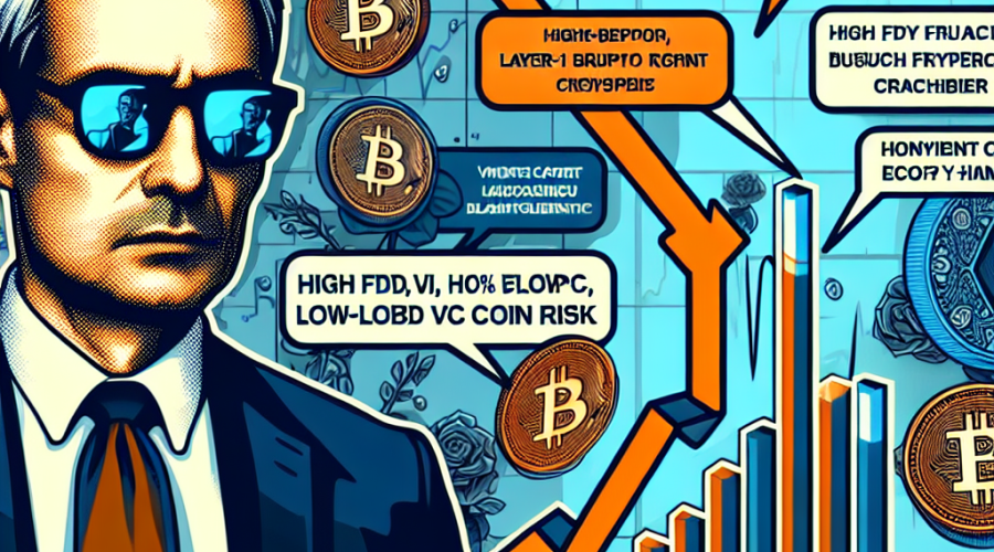 "SEO Alt-text: Crypto expert Arthur Hayes displaying skepticism in an image featuring a potential 99% drop graph of Monad layer-1 blockchain, tagged 'Venture Capital Hype'. Semi-transparent warning bubble 'High FDV, Low-Float VC Coin Risk' appears above graph. Logos of Bitcoin, Ether, Solana, Zcash are included. Orange, Dark Blue, and Midnight Blue are primary colors. Image dimension is 1200x628 pixels."