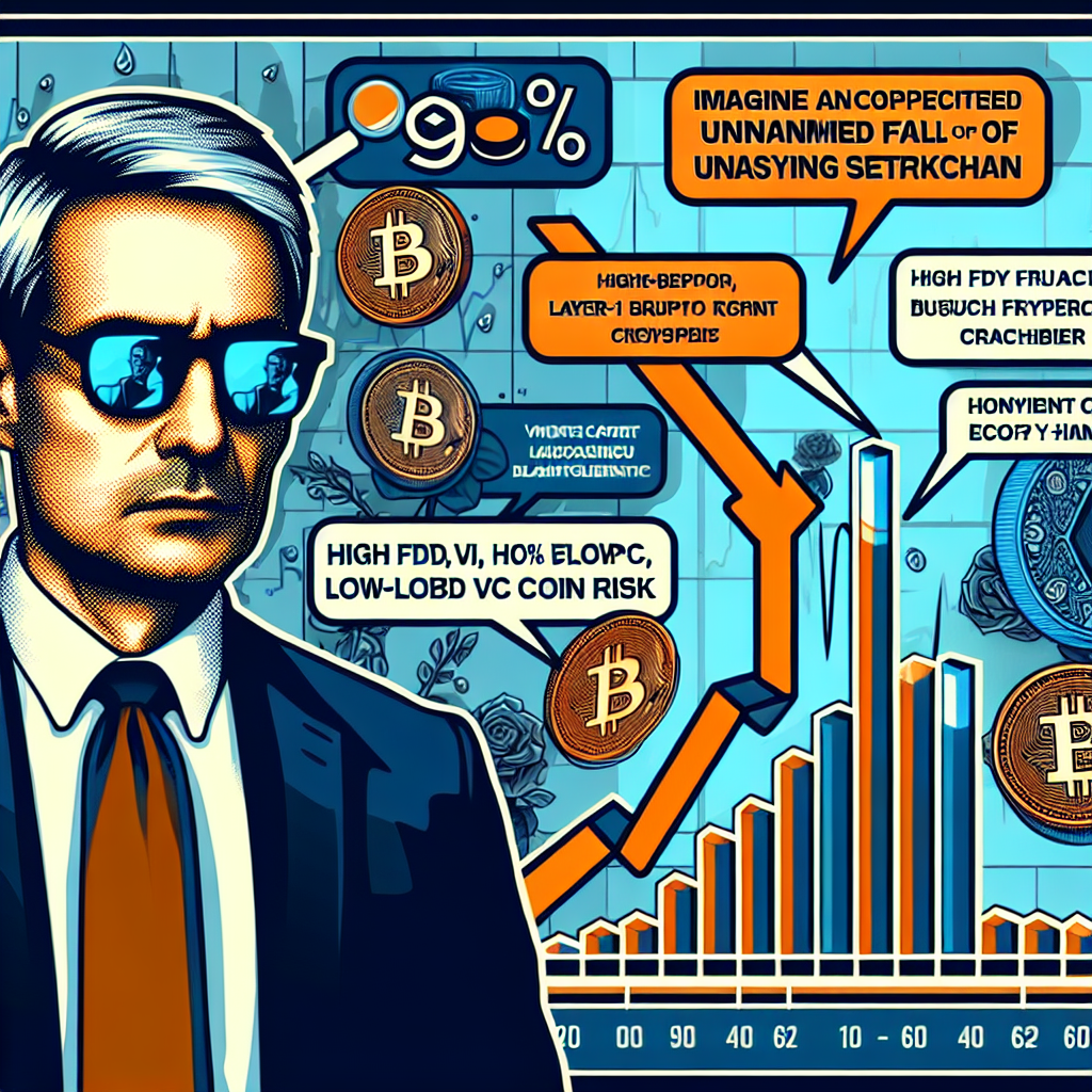 "SEO Alt-text: Crypto expert Arthur Hayes displaying skepticism in an image featuring a potential 99% drop graph of Monad layer-1 blockchain, tagged 'Venture Capital Hype'. Semi-transparent warning bubble 'High FDV, Low-Float VC Coin Risk' appears above graph. Logos of Bitcoin, Ether, Solana, Zcash are included. Orange, Dark Blue, and Midnight Blue are primary colors. Image dimension is 1200x628 pixels."