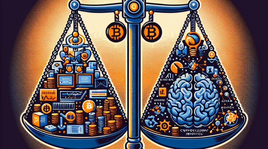 "Image of a balancing scale comparing centralized tech companies including Google, Meta, and OpenAI, symbolized by logos, and cryptocurrency symbols of Bitcoin and Ethereum. An AI robotic brain hovers above, illustrating the dominance of AI companies. Image colored in corporate shades of Orange (#FF9811), Dark Blue (#000D43), and Midnight Blue (#021B88). Complements the article 'Crypto's Fight Against Centralized AI Monopolies'. Image size: 1200x628 pixels."