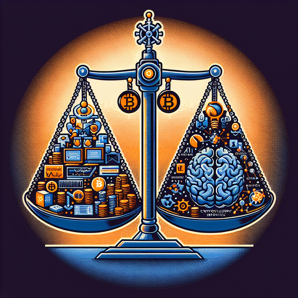 "Image of a balancing scale comparing centralized tech companies including Google, Meta, and OpenAI, symbolized by logos, and cryptocurrency symbols of Bitcoin and Ethereum. An AI robotic brain hovers above, illustrating the dominance of AI companies. Image colored in corporate shades of Orange (#FF9811), Dark Blue (#000D43), and Midnight Blue (#021B88). Complements the article 'Crypto's Fight Against Centralized AI Monopolies'. Image size: 1200x628 pixels."