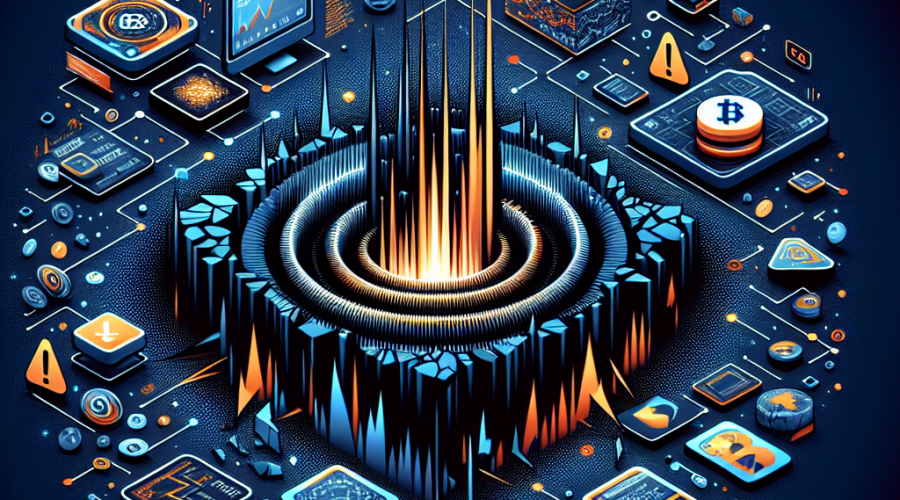 Here’s a great SEO-optimized alt-text for your described image: **Alt-text:** Modern digital illustration depicting a dramatic shockwave fracturing a stylized DeFi ecosystem; at the epicenter, Stream Finance icon stands prominent amid interconnected digital coins, smart contract symbols, and liquidity pools. Ripples of instability affect smaller platforms, such as stablecoins and chart graphics, surrounded by digital risk symbols like warning triangles and exclamation marks. Scattered code fragments and shattered block elements enhance a sense of disruption. The scene uses a dark blue and midnight blue background (#000D43, #021B88) with striking orange (#FF9811) highlights, formatted horizontally at 1200 x 628 pixels to reflect a bold, tech-forward fintech aesthetic.