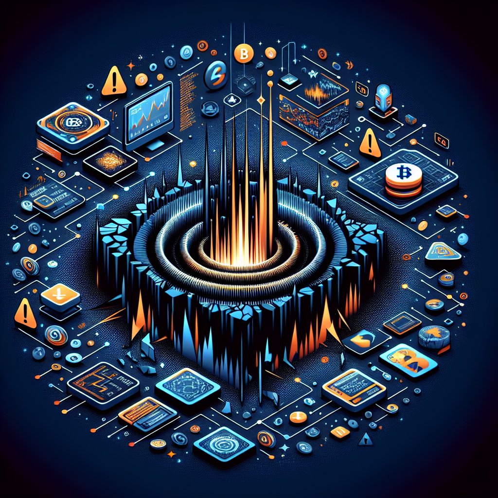 Here’s a great SEO-optimized alt-text for your described image: **Alt-text:** Modern digital illustration depicting a dramatic shockwave fracturing a stylized DeFi ecosystem; at the epicenter, Stream Finance icon stands prominent amid interconnected digital coins, smart contract symbols, and liquidity pools. Ripples of instability affect smaller platforms, such as stablecoins and chart graphics, surrounded by digital risk symbols like warning triangles and exclamation marks. Scattered code fragments and shattered block elements enhance a sense of disruption. The scene uses a dark blue and midnight blue background (#000D43, #021B88) with striking orange (#FF9811) highlights, formatted horizontally at 1200 x 628 pixels to reflect a bold, tech-forward fintech aesthetic.