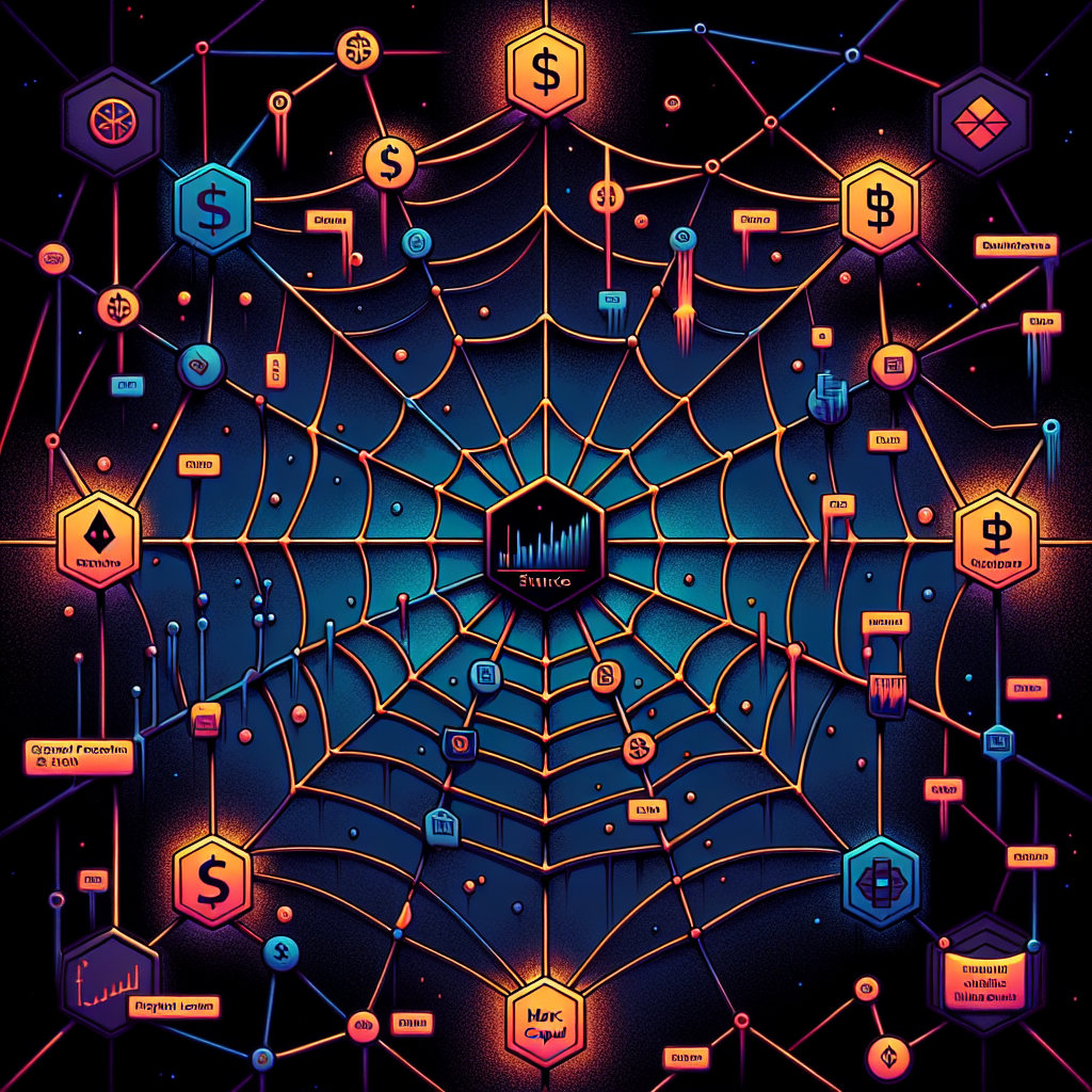 "Abstract depiction of a spider web network with interconnected nodes representing DeFi protocols such as Stream Finance, Elixir, MEV Capital, etc. in bold colours of Orange, Dark Blue and Midnight Blue. The Stream Finance node sited centrally to illustrate its crucial role. Dollar symbols and falling graph imagery symbolize financial loss, intensified by the ' million loss' text powerfully displayed in a corner. The intricate design is cast against a dark, abstract background, reflecting the complexity and uncertainty of the financial situation."
