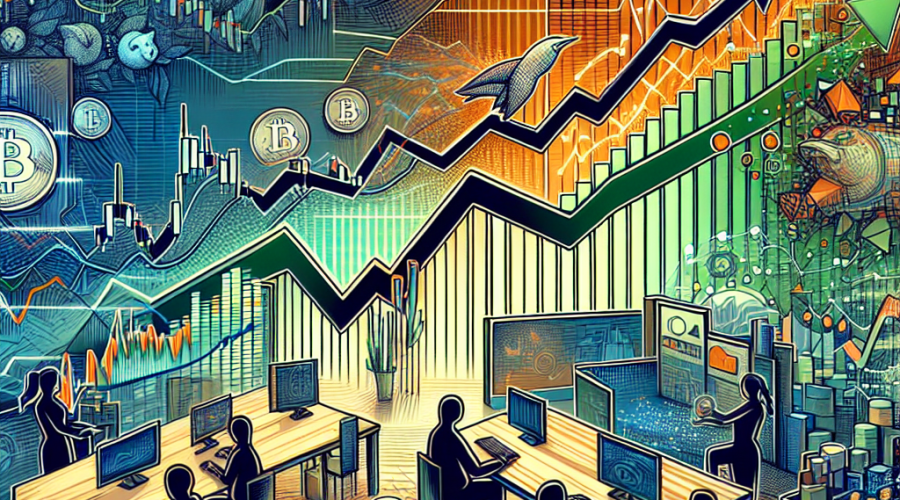 **SEO-Friendly Alt-Text for Your Image:** Modern digital illustration showcasing the sharp contrast between booming traditional equity markets—highlighted by bullish tech stocks like Nvidia, green upward-trending charts—and slumping crypto markets, symbolized by a declining Bitcoin logo and red downward-trending graphs. The design features innovative Decentralized Finance (DeFi) elements with the Aave logo and interface acting as a bridge between mainstream finance and crypto. Additionally, it includes representations of tokenized equities on the Solana blockchain, with Solana and Apple or Nvidia token icons. The layered, sophisticated visual uses Orange #FF9811, Dark Blue #000D43, and Midnight Blue #021B88, evoking innovation, financial momentum, and the interconnectedness of today’s financial ecosystem. Sized 1200 x 628 pixels, perfect for a finance-focused blog post header.