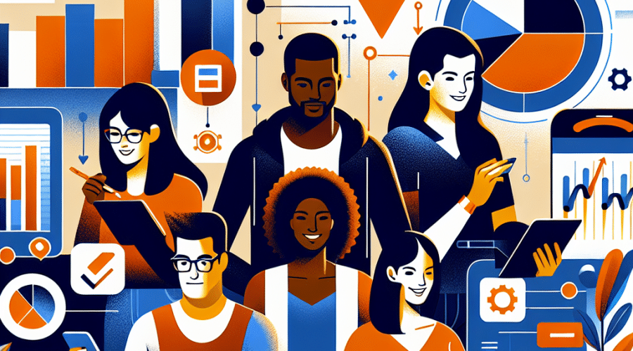 **SEO Alt-Text:** Modern digital illustration showing diverse small-scale investors using a user-friendly financial platform on a laptop and mobile devices, with vibrant orange, dark blue, and midnight blue brand colors. The scene includes dynamic financial charts, friendly community icons, books, and checklists, highlighting empowerment, inclusion, education, technology, and support in modern investing.
