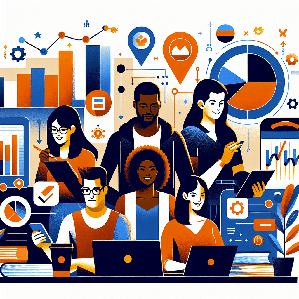 **SEO Alt-Text:** Modern digital illustration showing diverse small-scale investors using a user-friendly financial platform on a laptop and mobile devices, with vibrant orange, dark blue, and midnight blue brand colors. The scene includes dynamic financial charts, friendly community icons, books, and checklists, highlighting empowerment, inclusion, education, technology, and support in modern investing.