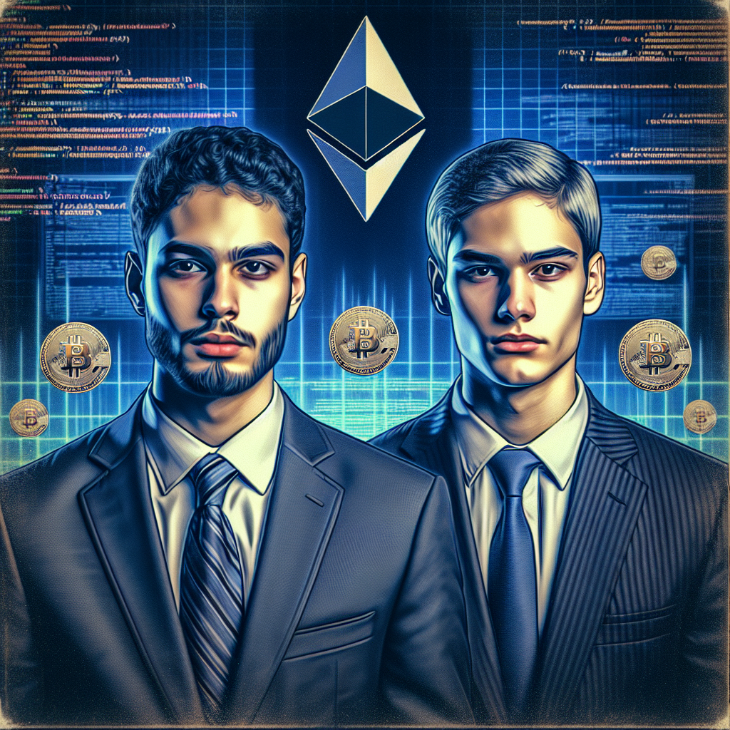 "MIT-educated brothers in business attire standing seriously in front of an Ethereum blockchain code backdrop, overlaid with the Ethereum logo and digital asset symbols, encapsulating a  million value. Faded court room setting in the background. Dominant colors are Dark Blue #000D43 and Midnight Blue #021B88, accented with Orange #FF9811 for Ethereum logo and digital assets. Image size is 1200x628 pixels."