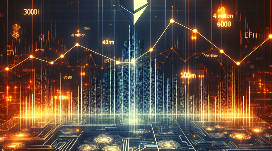 "Digital network background in brand colours Orange, Dark Blue, and Midnight Blue, featuring a rising block chart illustrating the increase of Ethereum's block gas limit from 45 to 60 million. The image also includes graphics and symbols related to the Ethereum network and DeFi, highlighting the impact of this change on the blockchain technology environment."