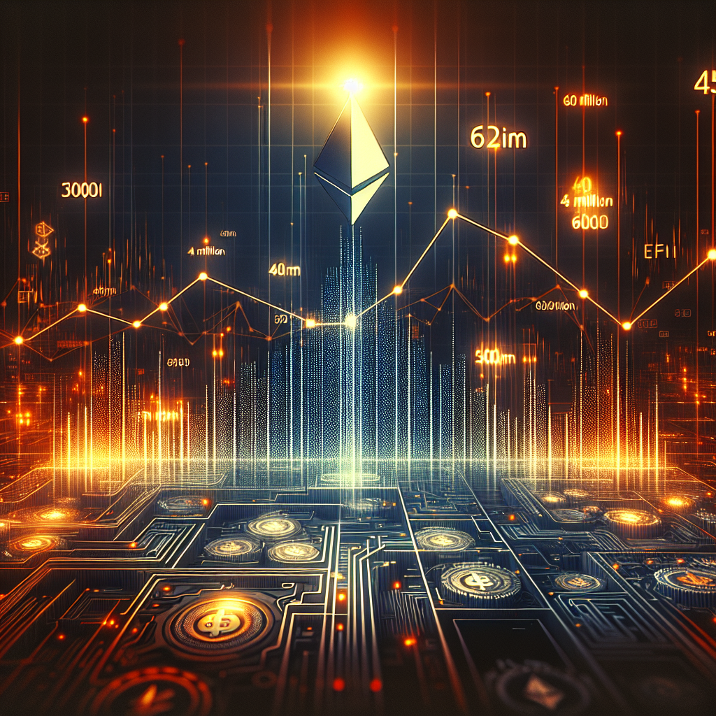 "Digital network background in brand colours Orange, Dark Blue, and Midnight Blue, featuring a rising block chart illustrating the increase of Ethereum's block gas limit from 45 to 60 million. The image also includes graphics and symbols related to the Ethereum network and DeFi, highlighting the impact of this change on the blockchain technology environment."