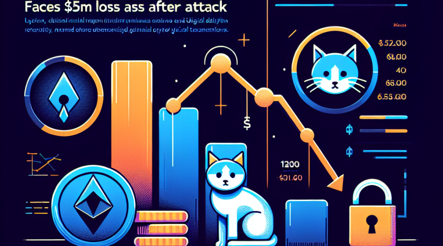 "SEO alt-text: Hyperliquid platform illustration featuring a downward trending graph symbolizing a M loss, a POPCAT memecoin representation, and a padlock symbol denoting halted deposits and withdrawals, all hued in brand colours of orange, dark blue, and midnight blue sized 1200x628 pixels, with the bold text 'Hyperliquid Faces M Loss After Attack' in white."