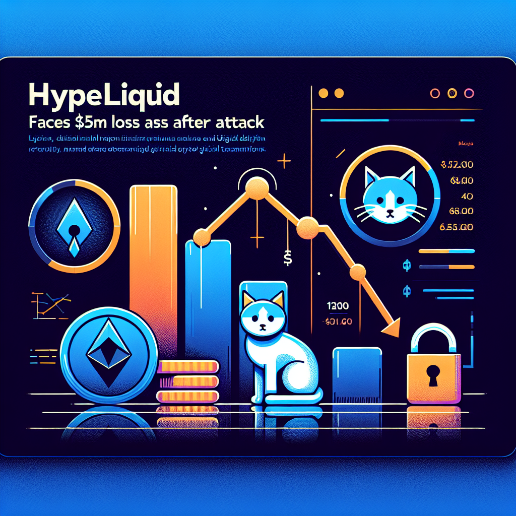 "SEO alt-text: Hyperliquid platform illustration featuring a downward trending graph symbolizing a M loss, a POPCAT memecoin representation, and a padlock symbol denoting halted deposits and withdrawals, all hued in brand colours of orange, dark blue, and midnight blue sized 1200x628 pixels, with the bold text 'Hyperliquid Faces M Loss After Attack' in white."