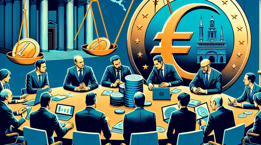 "Digital Euro Concept - Italian Bankers strategically addressing the introduction of digital currency, vibrant Orange digital Euro icon in foreground, Europe map backdrop for ECB and European Parliament involvement, cost and time elements illustrated through classic scale balancing Euros and a timer in Midnight Blue and Dark Blue hues for contrast and depth."