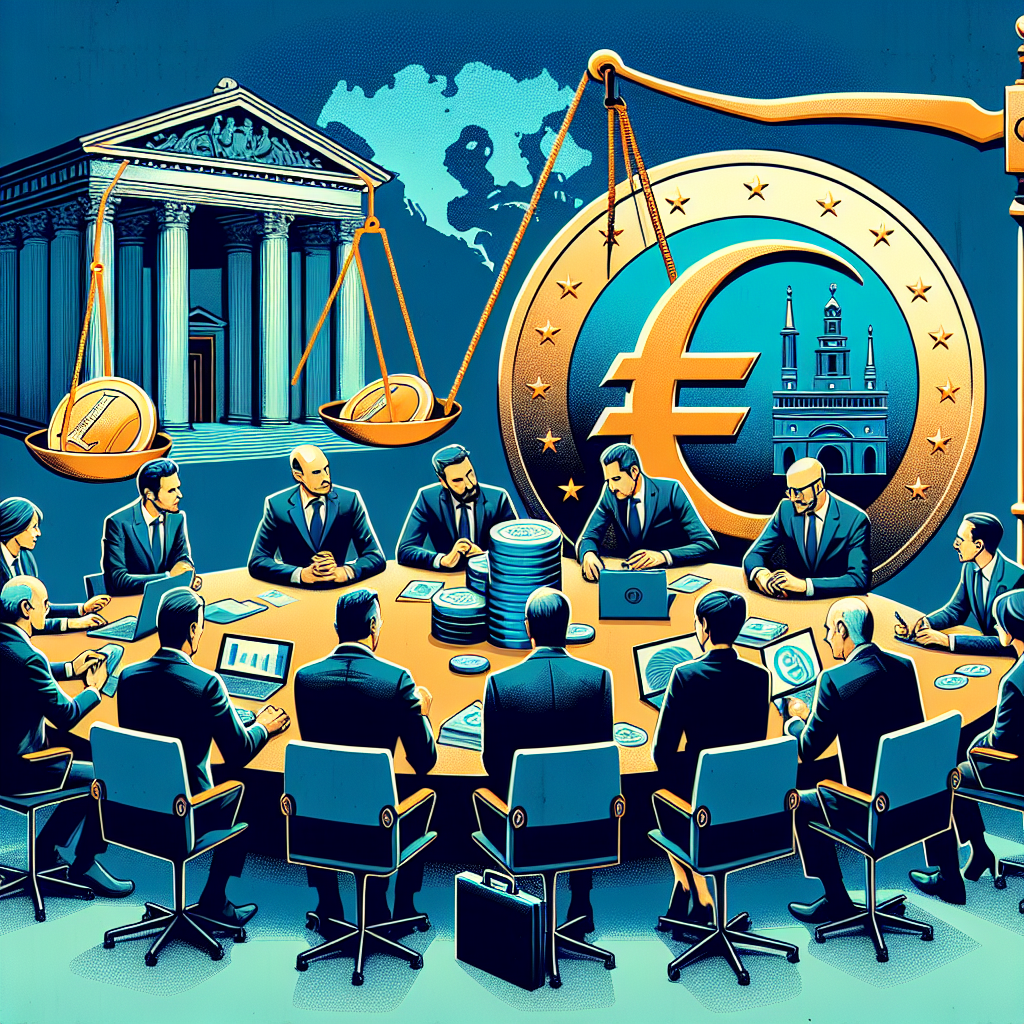 "Digital Euro Concept - Italian Bankers strategically addressing the introduction of digital currency, vibrant Orange digital Euro icon in foreground, Europe map backdrop for ECB and European Parliament involvement, cost and time elements illustrated through classic scale balancing Euros and a timer in Midnight Blue and Dark Blue hues for contrast and depth."