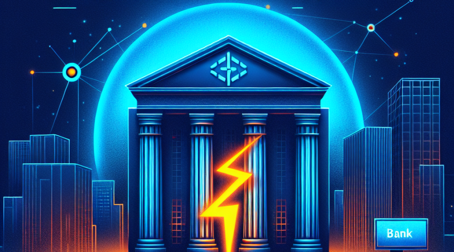 "Midnight blue image featuring disruptive orange lightning bolt above a technological bank illustration, represents the debanking controversy: 'Crypto CEO's Bank account closed by JPMorgan' in white letters."