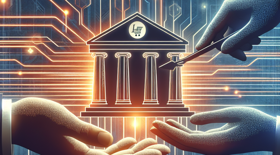 **SEO Alt-Text:** Modern illustration depicting two hands exchanging digital data across a secure stylized network—one hand symbolizes a traditional bank with a building featuring the JPMorgan Chase logo, the other hand holds a smartphone interface displaying fintech service icons like budgeting and payments. Glowing, abstract data streams in orange (#FF9811), dark blue (#000D43), and midnight blue (#021B88) connect the hands, set against a professional, trustworthy fintech-inspired background. Designed as a clean, balanced blog header image (1200 x 628 px) representing banking and fintech collaboration and secure data transfer.