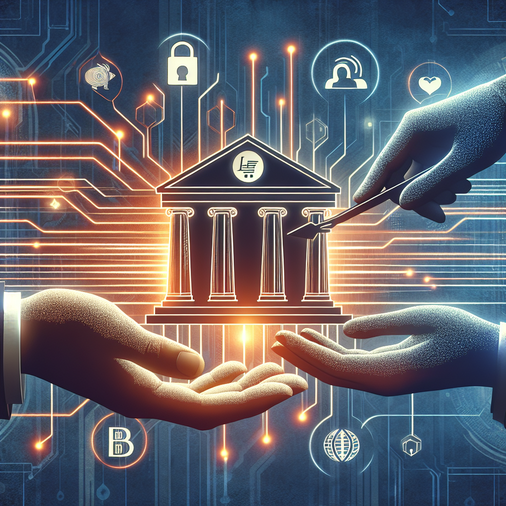 **SEO Alt-Text:** Modern illustration depicting two hands exchanging digital data across a secure stylized network—one hand symbolizes a traditional bank with a building featuring the JPMorgan Chase logo, the other hand holds a smartphone interface displaying fintech service icons like budgeting and payments. Glowing, abstract data streams in orange (#FF9811), dark blue (#000D43), and midnight blue (#021B88) connect the hands, set against a professional, trustworthy fintech-inspired background. Designed as a clean, balanced blog header image (1200 x 628 px) representing banking and fintech collaboration and secure data transfer.