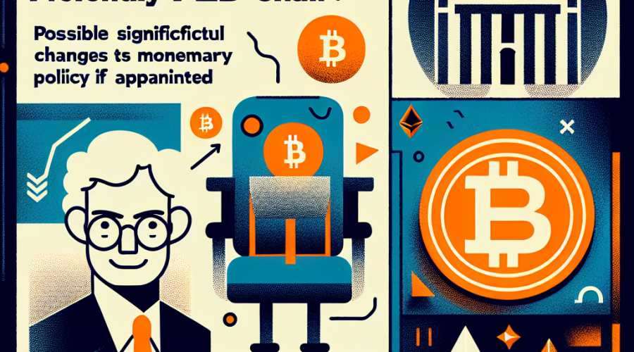 "Abstract geometric background image featuring a caricature of Kevin Hassett in midnight blue (#021B88), a symbol of the Federal Reserve in dark blue (#000D43) and various cryptocurrency symbols like Bitcoin and Ethereum in orange (#FF9811), along with headline text 'Kevin Hassett: A Crypto-friendly Future Fed Chair?' at the top and 'Possible significant changes in Monetary Policy if appointed' at the bottom, illustrating potential shifts in monetary policy."