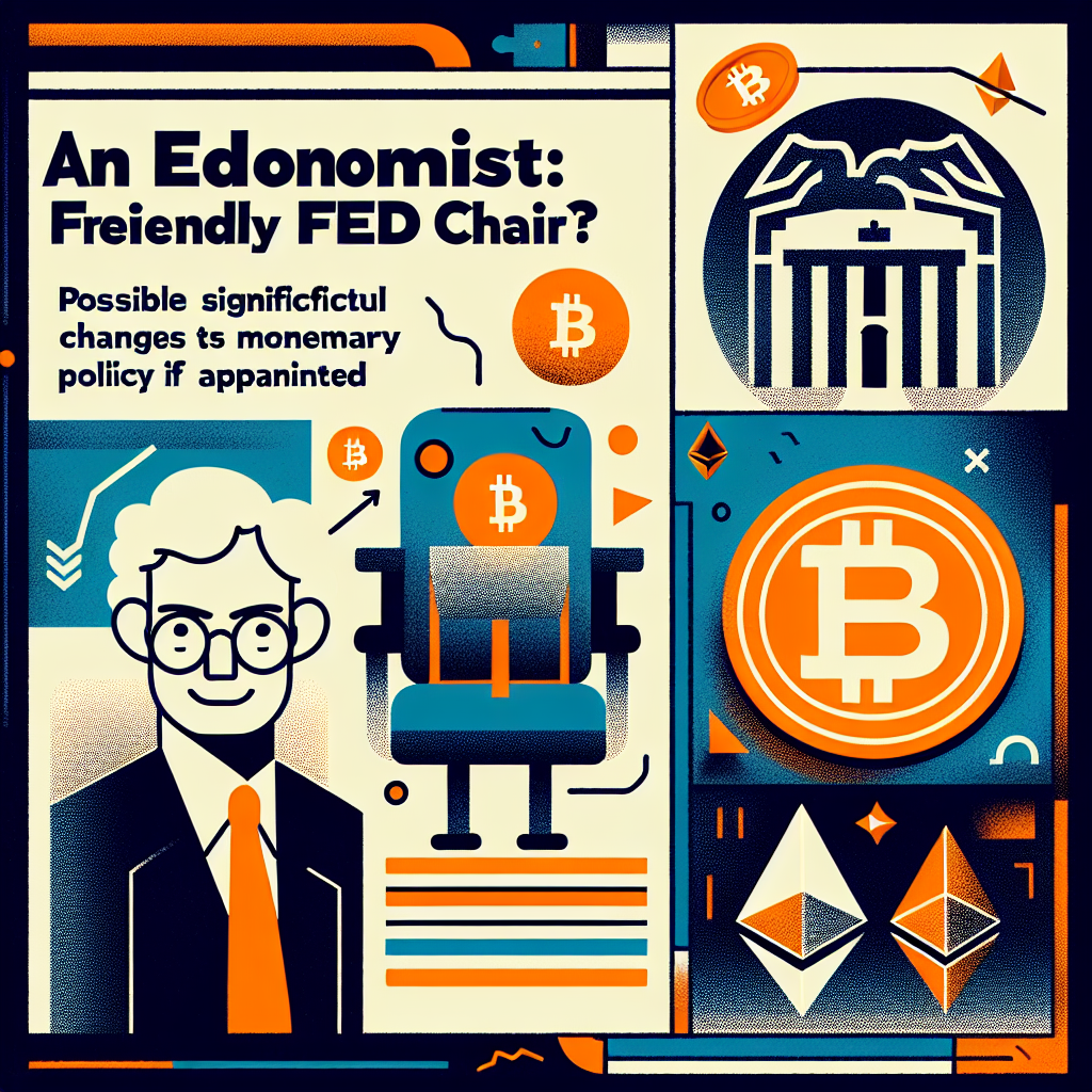 "Abstract geometric background image featuring a caricature of Kevin Hassett in midnight blue (#021B88), a symbol of the Federal Reserve in dark blue (#000D43) and various cryptocurrency symbols like Bitcoin and Ethereum in orange (#FF9811), along with headline text 'Kevin Hassett: A Crypto-friendly Future Fed Chair?' at the top and 'Possible significant changes in Monetary Policy if appointed' at the bottom, illustrating potential shifts in monetary policy."