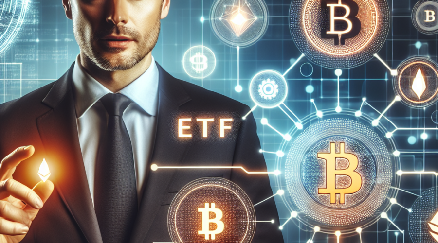 "Dr. Martin Hiesboeck explaining cryptocurrency strategies about Bitcoin-to-ETFs conversion and portfolio diversification in a digital setting surrounded by numerous cryptocurrencies. An overlay of Bitcoin and ETF icons, and digital coin images are visible. The background reveals a subtle illuminating blockchain network pattern in our brand colours: orange, dark blue, and midnight blue."