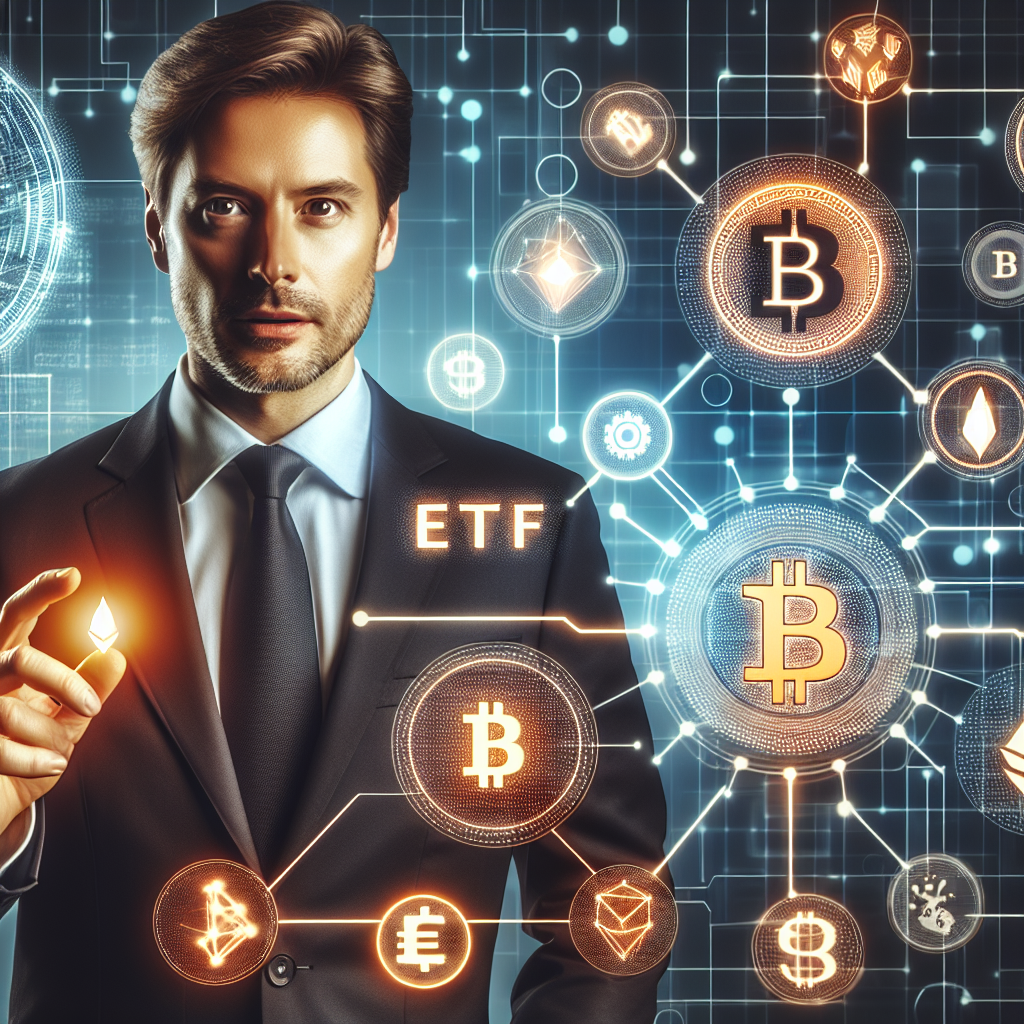 "Dr. Martin Hiesboeck explaining cryptocurrency strategies about Bitcoin-to-ETFs conversion and portfolio diversification in a digital setting surrounded by numerous cryptocurrencies. An overlay of Bitcoin and ETF icons, and digital coin images are visible. The background reveals a subtle illuminating blockchain network pattern in our brand colours: orange, dark blue, and midnight blue."