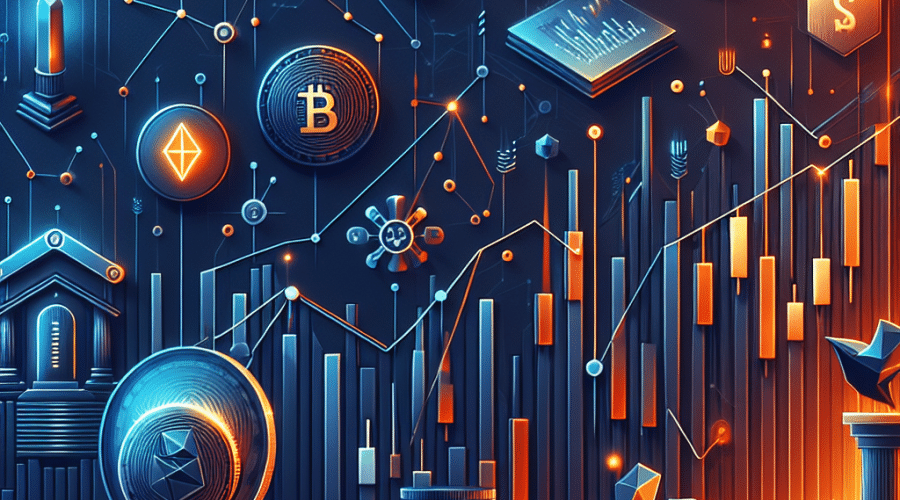 **SEO Alt-Text:** Modern digital illustration depicting a vibrant upward market recovery with rising candlestick charts, Bitcoin and digital asset icons, and interconnected subnet nodes in orange (#FF9811), dark blue (#000D43), and midnight blue (#021B88). Visual cues for governance include a stylized ballot and tokens with voting checkmarks, alongside abstract design motifs representing innovation, resilience, and the fusion of traditional finance with blockchain technology. The image radiates forward momentum and renewed investor confidence, with a sleek, energetic, and professional atmosphere. 1200x628 pixels.