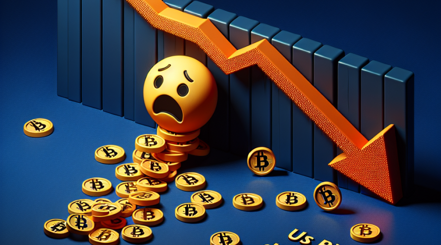 "Large alarmed emoji overlooking sharp orange declining graph against dark blue background representing Bitcoin outflow, varied size Bitcoin symbols tipping over like dominos subtly incorporated on the left, bold orange 'US Bitcoin ETFs' text and smaller midnight blue 'Record Daily Outflows' text at bottom right corner."
