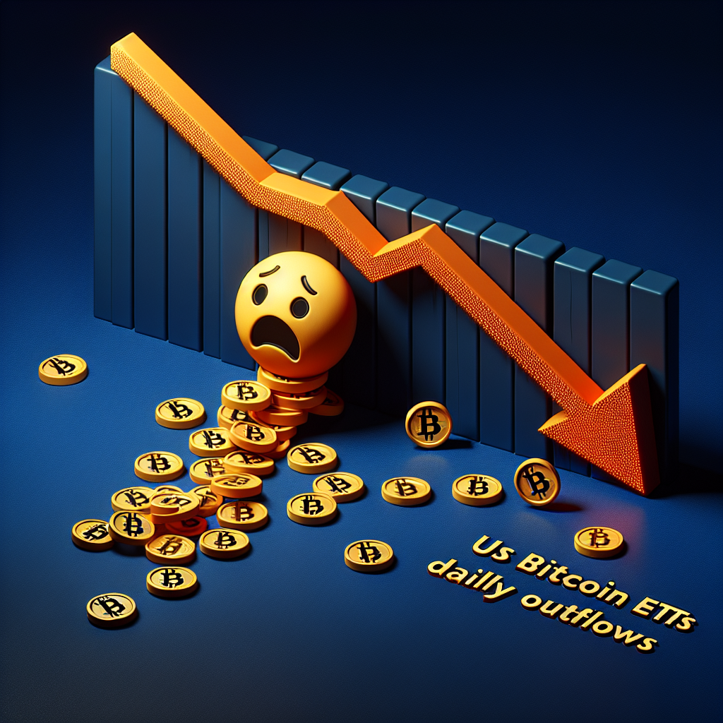 "Large alarmed emoji overlooking sharp orange declining graph against dark blue background representing Bitcoin outflow, varied size Bitcoin symbols tipping over like dominos subtly incorporated on the left, bold orange 'US Bitcoin ETFs' text and smaller midnight blue 'Record Daily Outflows' text at bottom right corner."