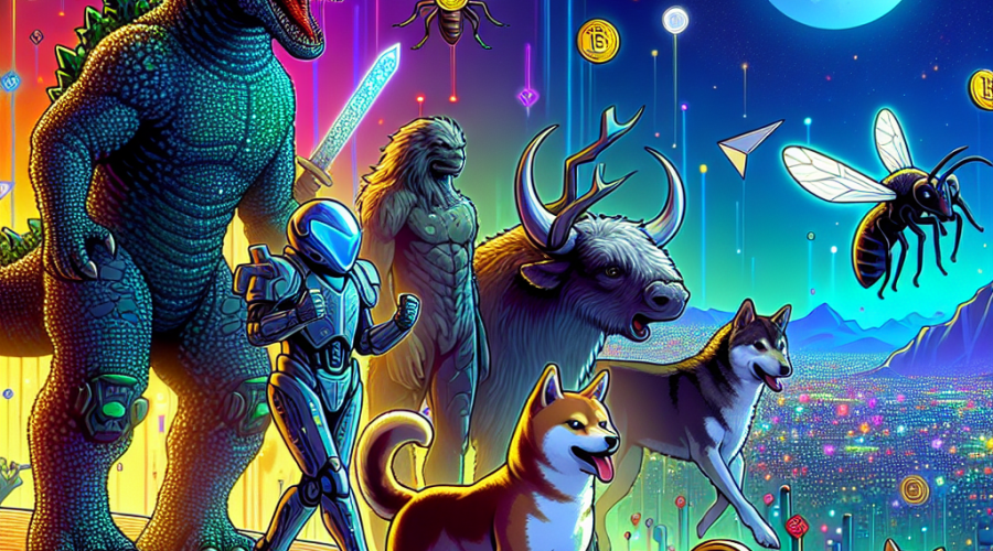 **SEO-optimized alt-text:** A vibrant, cinematic crypto battleground scene depicting dynamic meme coin characters—a mythic BullZilla in armor, a playful bull on the moon, a clever mosquito, the classic Shiba Inu, and the iconic Dogecoin mascot. The characters symbolize community and blockchain technology, surrounded by digital coins, staking symbols, and social connection motifs. The image features bold, energetic movement, orange (#FF9811), dark blue (#000D43), and midnight blue (#021B88) gradients, with subtle blockchain icons and mythic storytelling elements, sized perfectly as a 1200 x 628 pixel WordPress hero image to evoke innovation, competition, and the vibrant spirit of the crypto community.