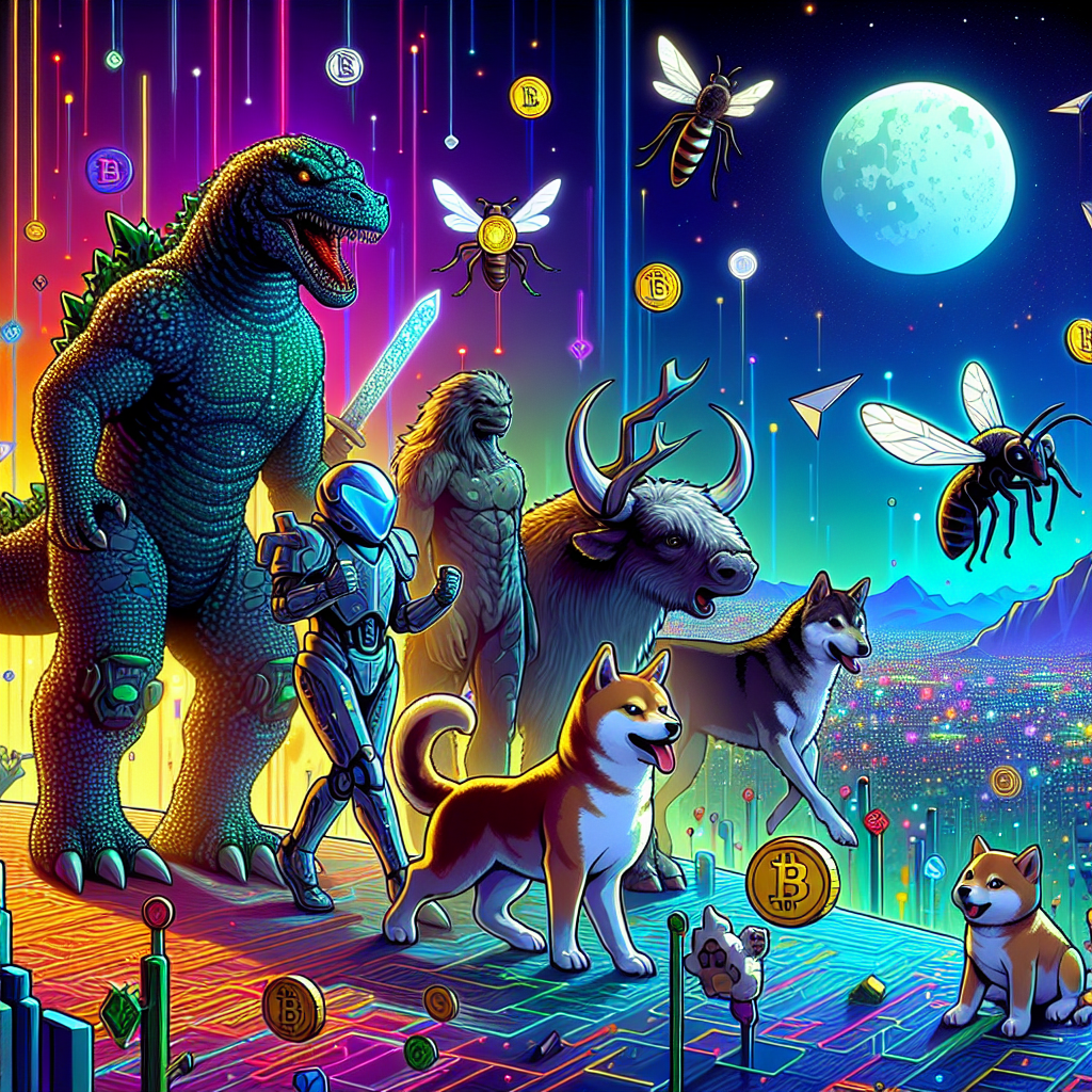**SEO-optimized alt-text:** A vibrant, cinematic crypto battleground scene depicting dynamic meme coin characters—a mythic BullZilla in armor, a playful bull on the moon, a clever mosquito, the classic Shiba Inu, and the iconic Dogecoin mascot. The characters symbolize community and blockchain technology, surrounded by digital coins, staking symbols, and social connection motifs. The image features bold, energetic movement, orange (#FF9811), dark blue (#000D43), and midnight blue (#021B88) gradients, with subtle blockchain icons and mythic storytelling elements, sized perfectly as a 1200 x 628 pixel WordPress hero image to evoke innovation, competition, and the vibrant spirit of the crypto community.