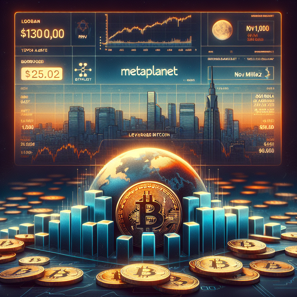 "Metaplanet company's 0 million loan shown by half-filled bar in front of a pile of Bitcoins, set against a backdrop of Tokyo stock exchange market in the colors of oranges and dark blues, dated Nov 21, for a Wordpress post of 1200x628 pixels with the theme of Bitcoin collateral borrowing."