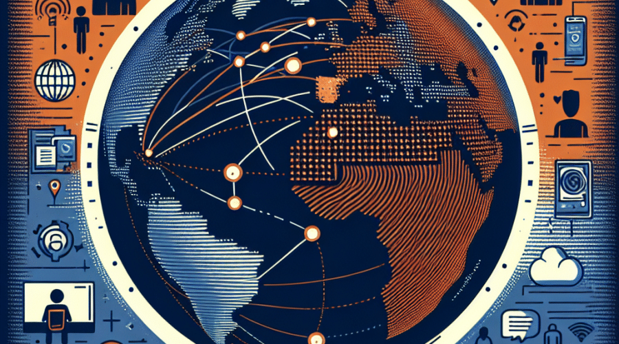 "Digitalized illustration of a globe focusing on North Korea and USA symbolized in orange, interconnected with dark blue network lines. Elements of remote working like a laptop, silhouette figures of freelancers, and brands such as Upwork, Freelancer, and GitHub are pictured. Subtle backdrop of crypto symbols, and traditional bank icons in midnight blue, conceptually representing financial transactions. The composition is created in a size of 1200 x 628 pixel and unified by a harmonious color theme."