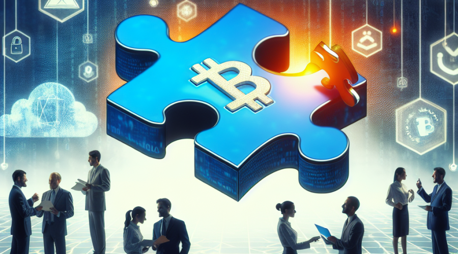 "Prominent policy makers discussing the fusion of privacy technology and the Ethereum's role in digital regulation, illustrated by a blue and orange cryptographic puzzle piece fitting into its final position against a backdrop of dispersed blockchain symbols, epitomizing the seamless embrace of cutting-edge technology for privacy rights amidst the digital age and advancement."