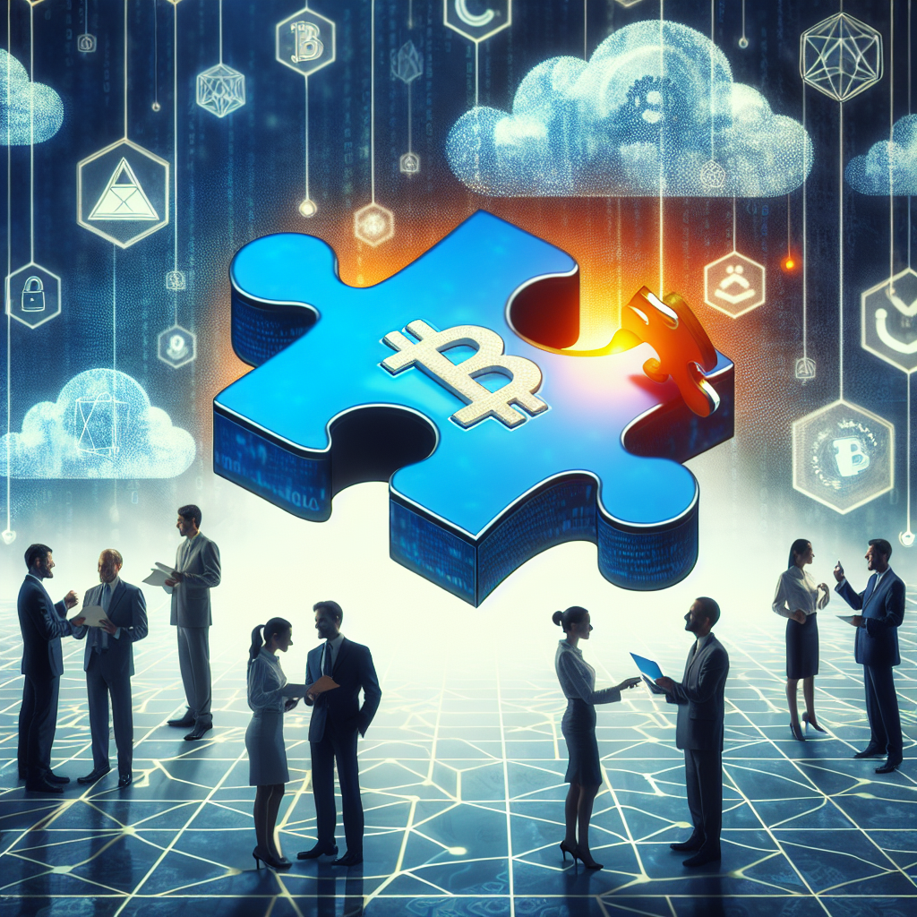 "Prominent policy makers discussing the fusion of privacy technology and the Ethereum's role in digital regulation, illustrated by a blue and orange cryptographic puzzle piece fitting into its final position against a backdrop of dispersed blockchain symbols, epitomizing the seamless embrace of cutting-edge technology for privacy rights amidst the digital age and advancement."