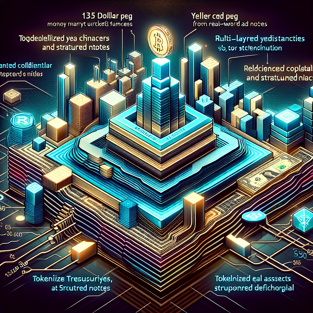 "Visual depiction of the R25 stablecoin, symbiotically working with Polygon, showcasing the 1:1 dollar peg, yield derived from money market funds, structured notes and its accessibility in the DeFi ecosystem. Emphasizing tokenized real-world assets growth from  billion to an estimated  trillion, and the implementation of a layering approach for the multi-layer credit enhancements of the R25 stablecoin. Illustrating the integration with lending, collateral, and liquidity protocols on Polygon enhancing DeFi capital efficiency. Mirroring the rising yield gap between traditional finance and crypto via our brand colors, with proliferation of tokenized Treasuries and RWAs to bridge this gap. Image sized at 1200 x 628 px, optimized for WordPress blog."
