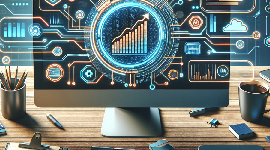 "Ripple logo hovering over a computer screen displaying positive growth chart on a finance dashboard, surrounded by modern business setup with keyboard, mouse, coffee cup, and notebook, symbolizing the workspace of a financial team - rendered in complementary brand colors of oranges and blues, with added digital elements hinting at Ripple's seamless integration."