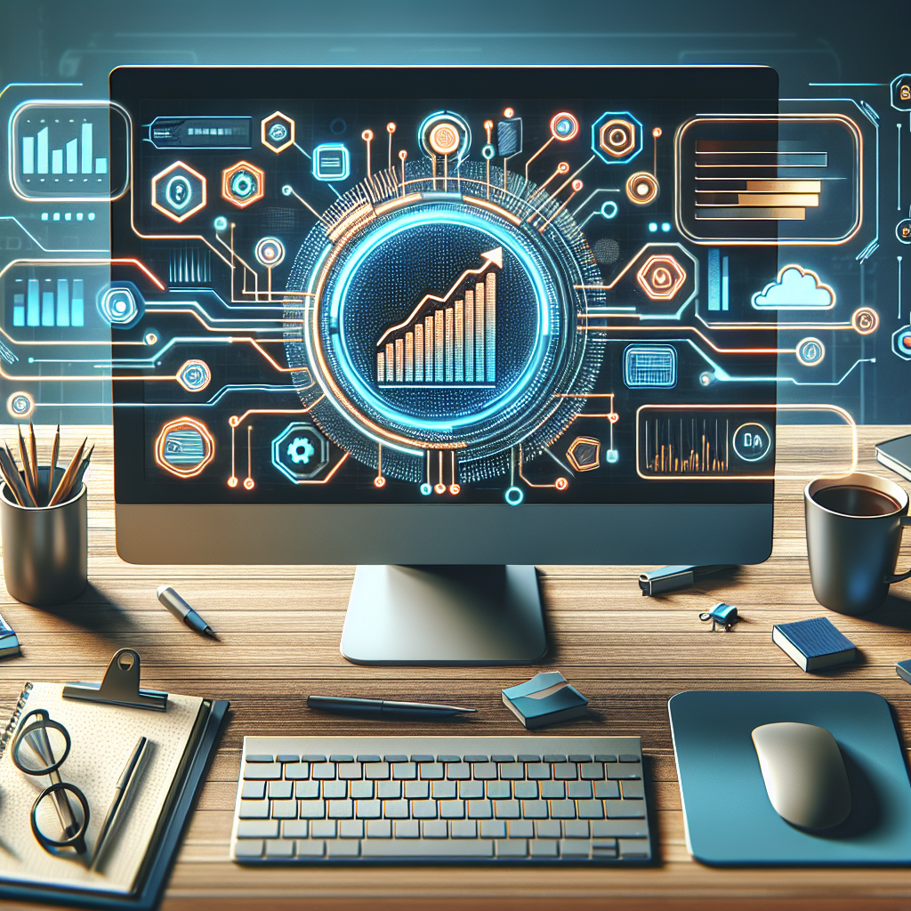 "Ripple logo hovering over a computer screen displaying positive growth chart on a finance dashboard, surrounded by modern business setup with keyboard, mouse, coffee cup, and notebook, symbolizing the workspace of a financial team - rendered in complementary brand colors of oranges and blues, with added digital elements hinting at Ripple's seamless integration."
