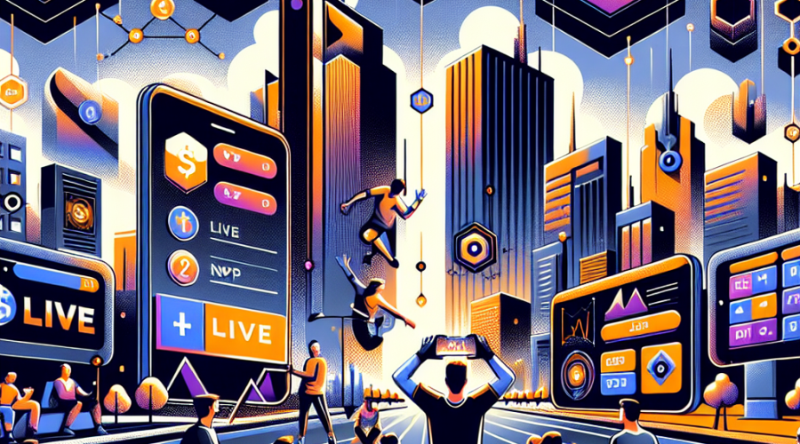 Certainly! Here’s an SEO-optimized alt text for your described image: **Alt Text:** Modern blog header image for LivLive ($LIVE) showcasing a futuristic cityscape with people engaged in physical activities, holding smartphones displaying AR overlays with rewards, NFTs, and crypto tokens. Subtle gamification icons—XP, level-ups, bonus symbols—are visible. Blockchain elements like network nodes and token graphics highlight crypto presale innovation. The scene features bold gradients in #FF9811 (orange), #000D43 (dark blue), and #021B88 (midnight blue), with the LivLive logo in a tech font, representing the fusion of augmented reality, blockchain, and community engagement.