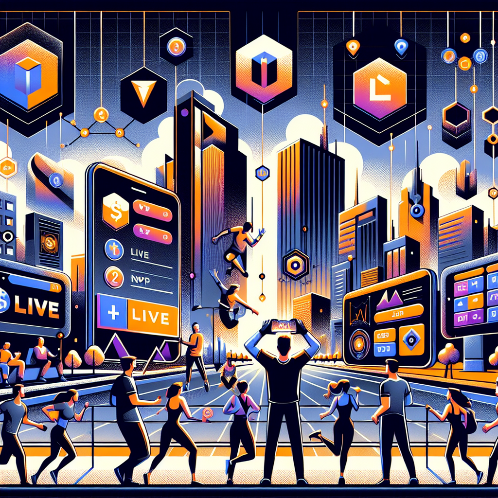 Certainly! Here’s an SEO-optimized alt text for your described image: **Alt Text:** Modern blog header image for LivLive ($LIVE) showcasing a futuristic cityscape with people engaged in physical activities, holding smartphones displaying AR overlays with rewards, NFTs, and crypto tokens. Subtle gamification icons—XP, level-ups, bonus symbols—are visible. Blockchain elements like network nodes and token graphics highlight crypto presale innovation. The scene features bold gradients in #FF9811 (orange), #000D43 (dark blue), and #021B88 (midnight blue), with the LivLive logo in a tech font, representing the fusion of augmented reality, blockchain, and community engagement.
