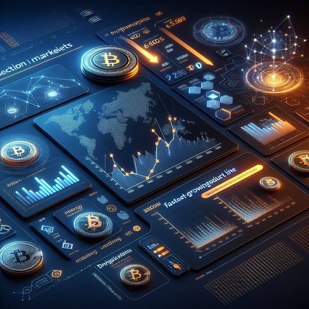 "Robinhood's user-friendly platform showcasing prediction markets, cryptocurrencies, futures, and derivatives exchange in partnership with Kalshi. A growth graph, demonstrating the 'fastest-growing product line', uplifts the financial landscape. Presented in signature brand colours: Orange for highlighting, Dark Blue for background, and Midnight Blue for intricate details. Image size is 1200 x 628 pixels."