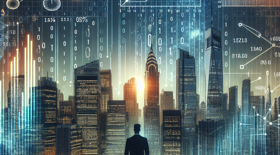 "Chris Yin viewing a futuristic city skyline consisting of skyscrapers and growth graphs in shades of Orange, Dark Blue and Midnight blue, against a binary-coded sky symbolic of blockchain technology. This graphic also subtly incorporates the article title in white, creating a balanced representation of future financial growth through digitisation."