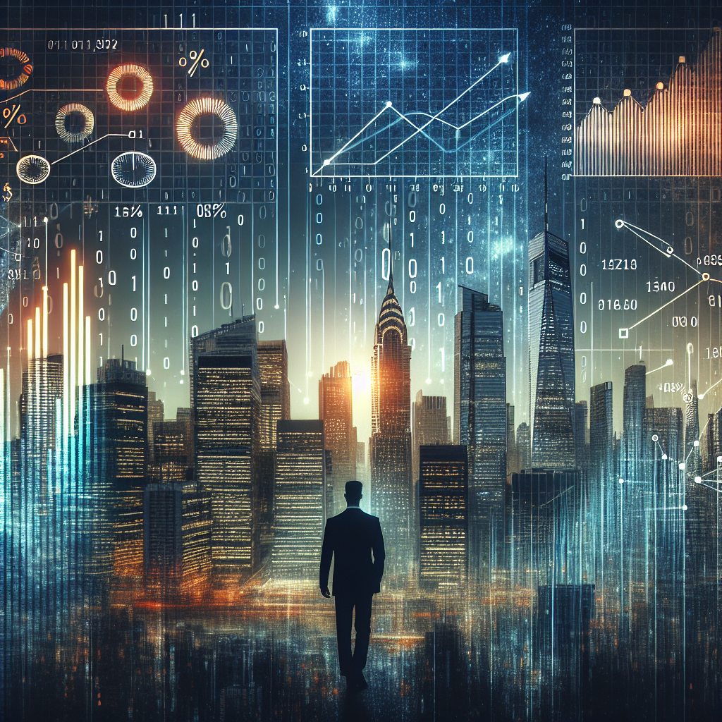 "Chris Yin viewing a futuristic city skyline consisting of skyscrapers and growth graphs in shades of Orange, Dark Blue and Midnight blue, against a binary-coded sky symbolic of blockchain technology. This graphic also subtly incorporates the article title in white, creating a balanced representation of future financial growth through digitisation."